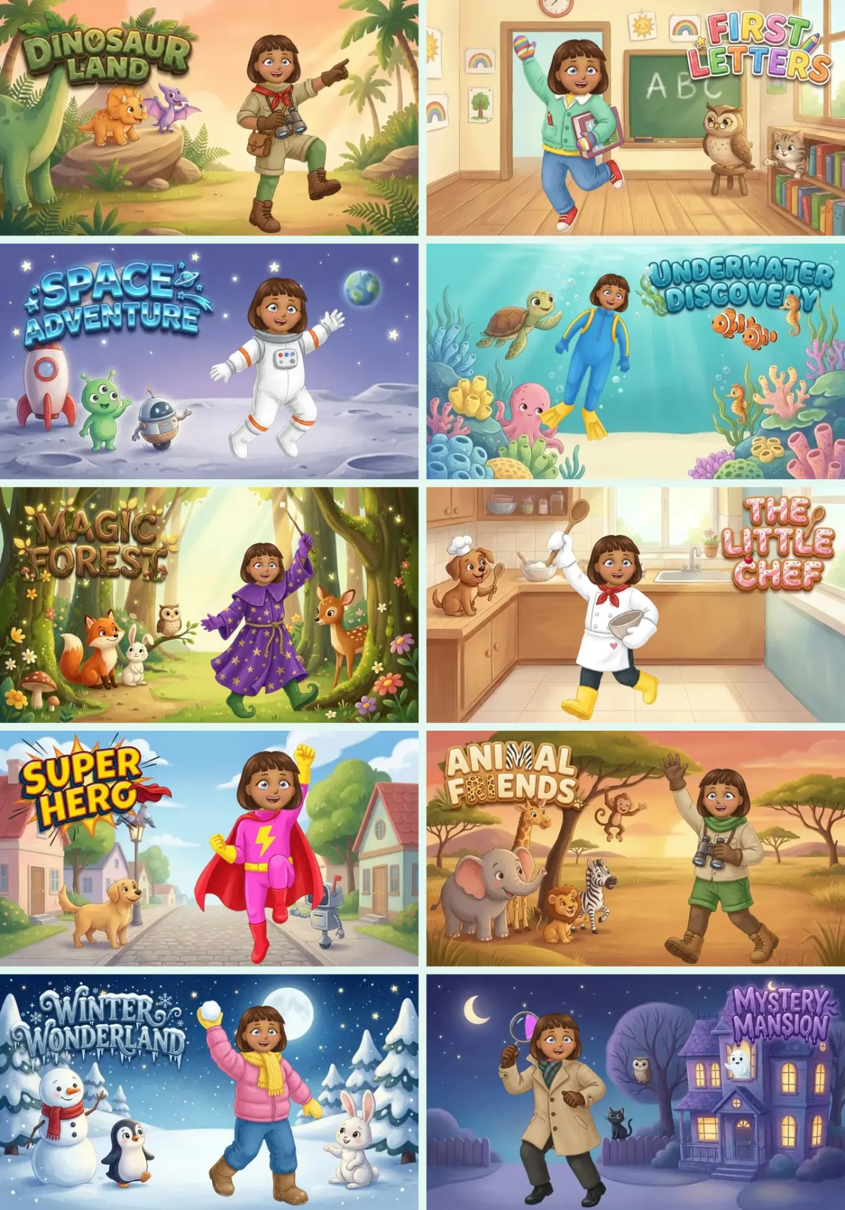 Ten cartoon posters, each starring the same child in a different costume